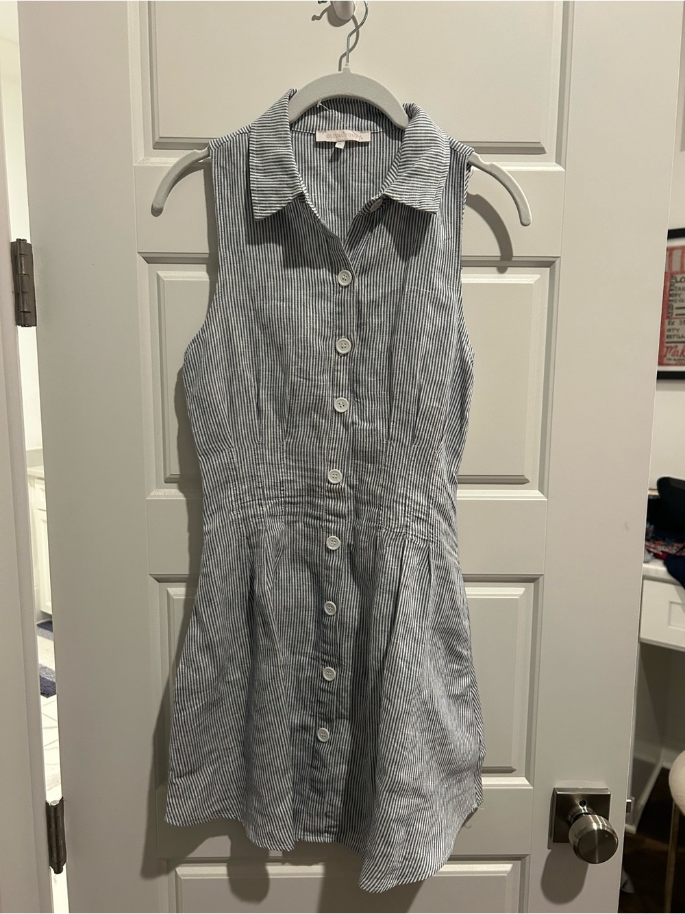 Olivaceous Sleeveless Blue and White Striped Shirt Dress